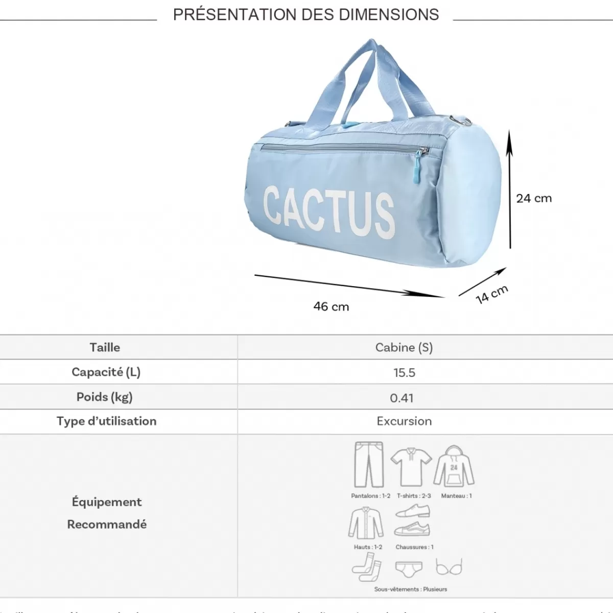 Sac de voyage week-end 15,5L et sport sans roulettes^Cactus Fashion
