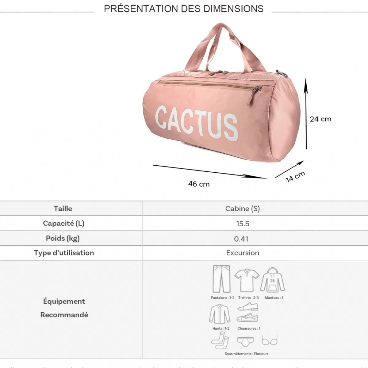 Sac de voyage week-end 15,5L et sport sans roulettes^Cactus Fashion