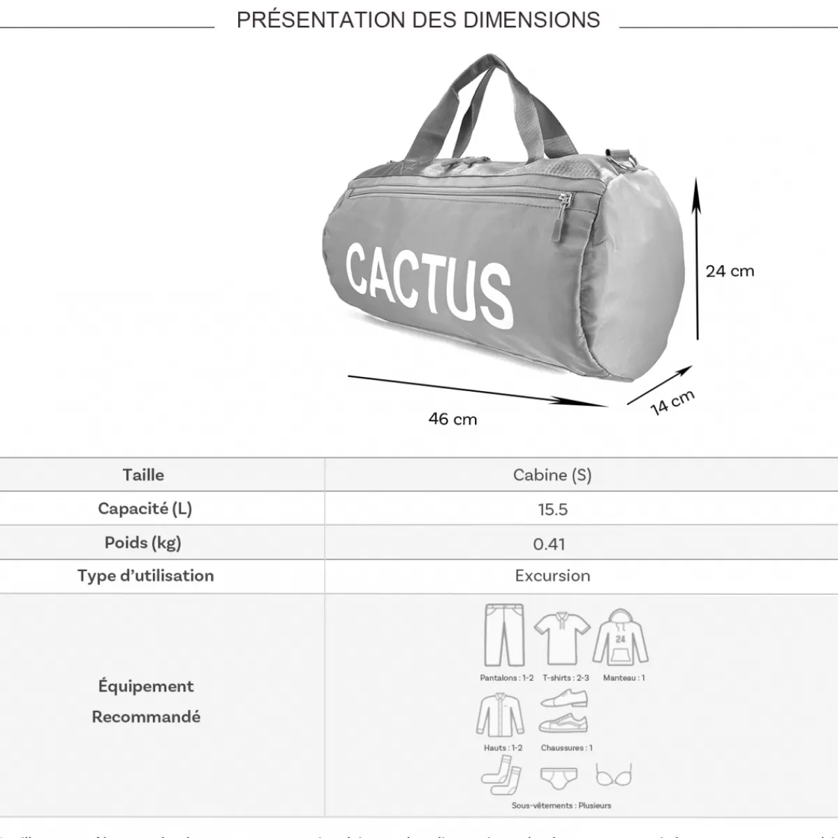 Sac de voyage week-end 15,5L et sport sans roulettes^Cactus Fashion