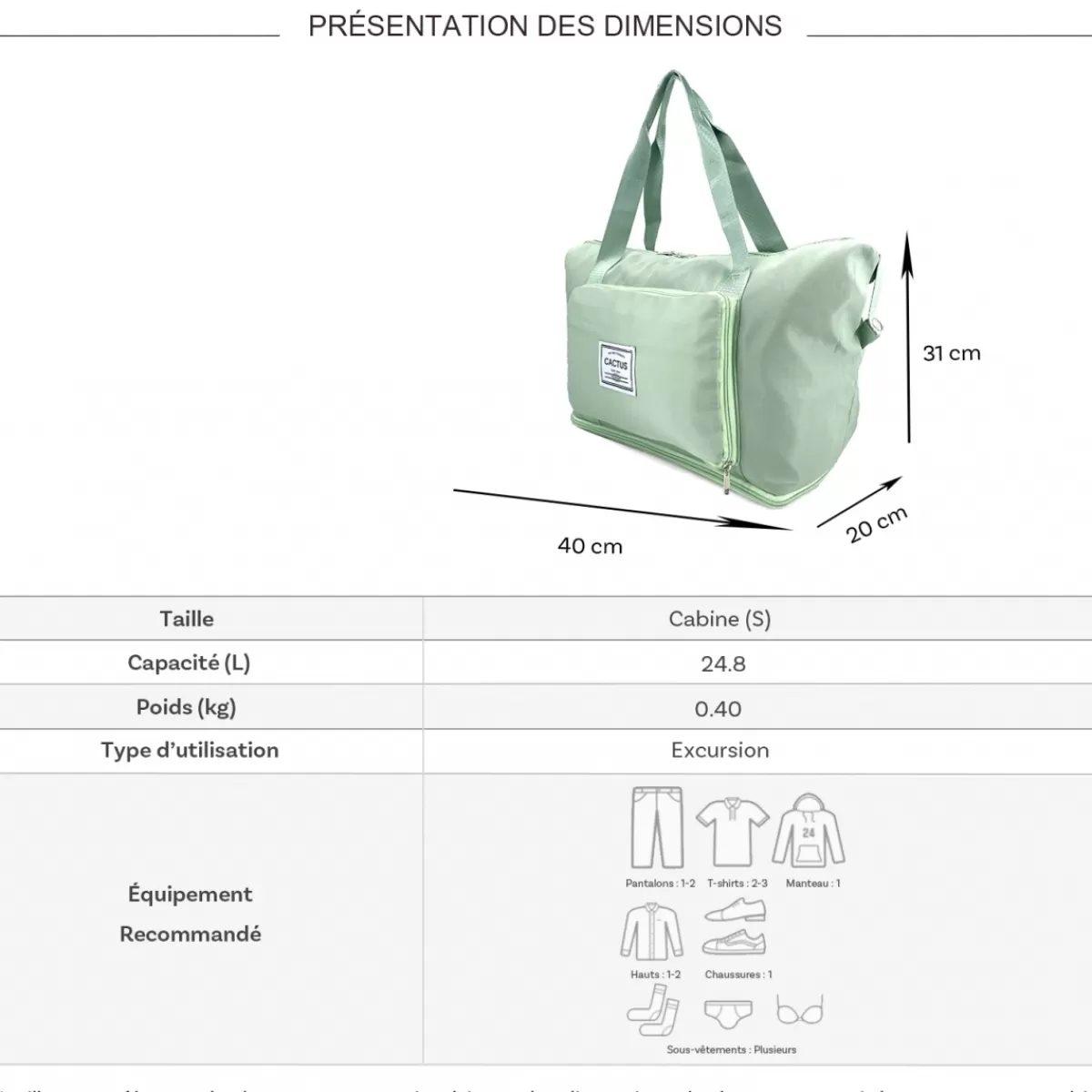 Sac de voyage week-end 24L pliable et extensible déperlant sans roulettes^Cactus Clearance