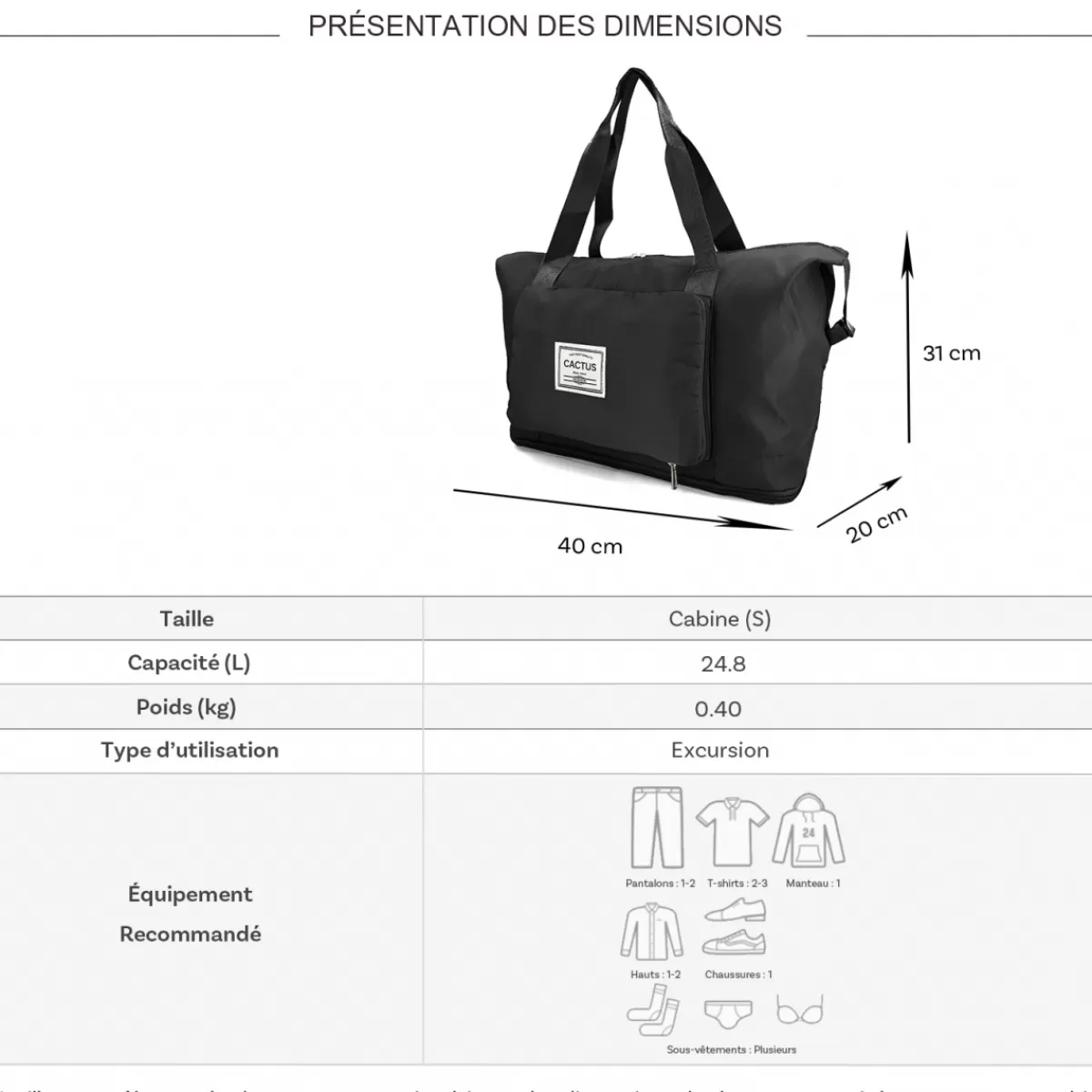 Sac de voyage week-end 24L pliable et extensible déperlant sans roulettes^Cactus Clearance