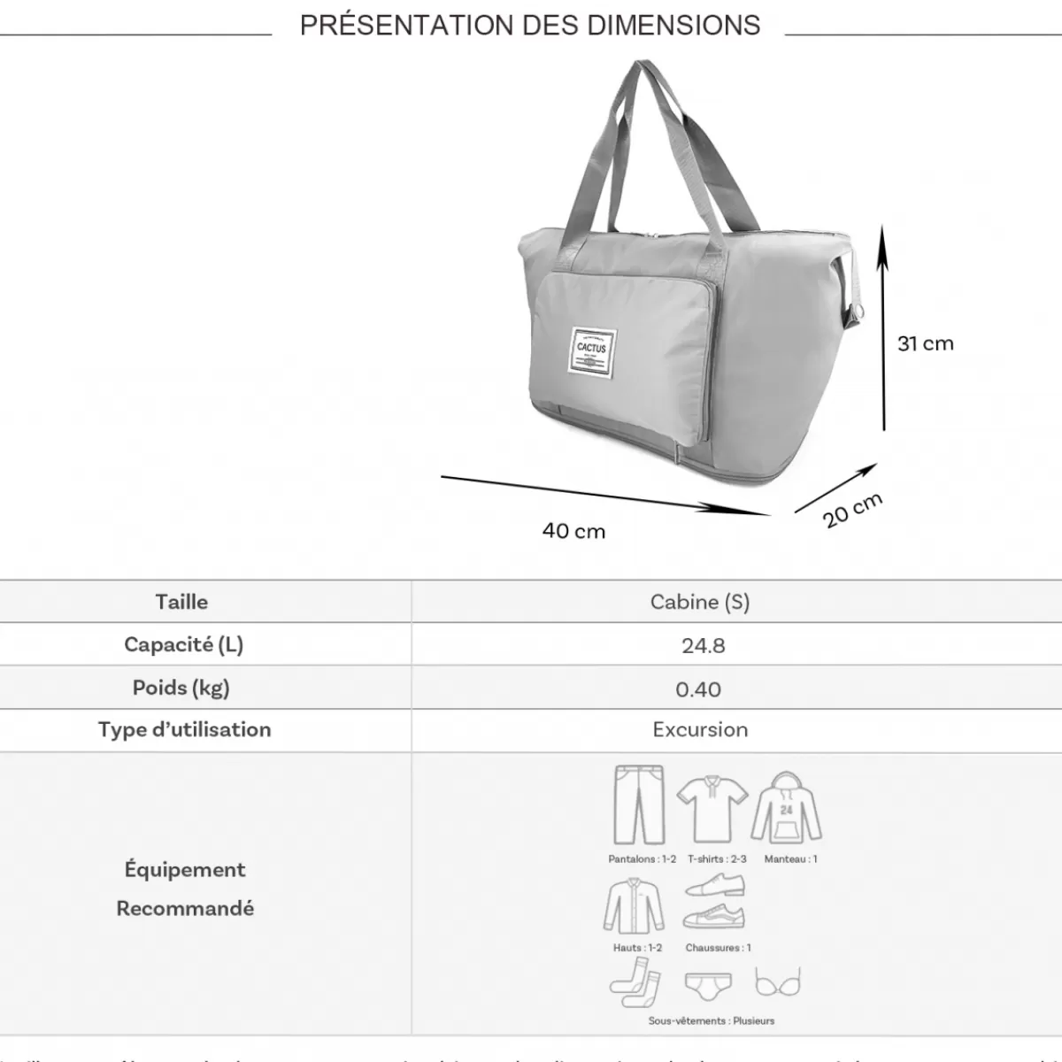 Sac de voyage week-end 24L pliable et extensible déperlant sans roulettes^Cactus Clearance