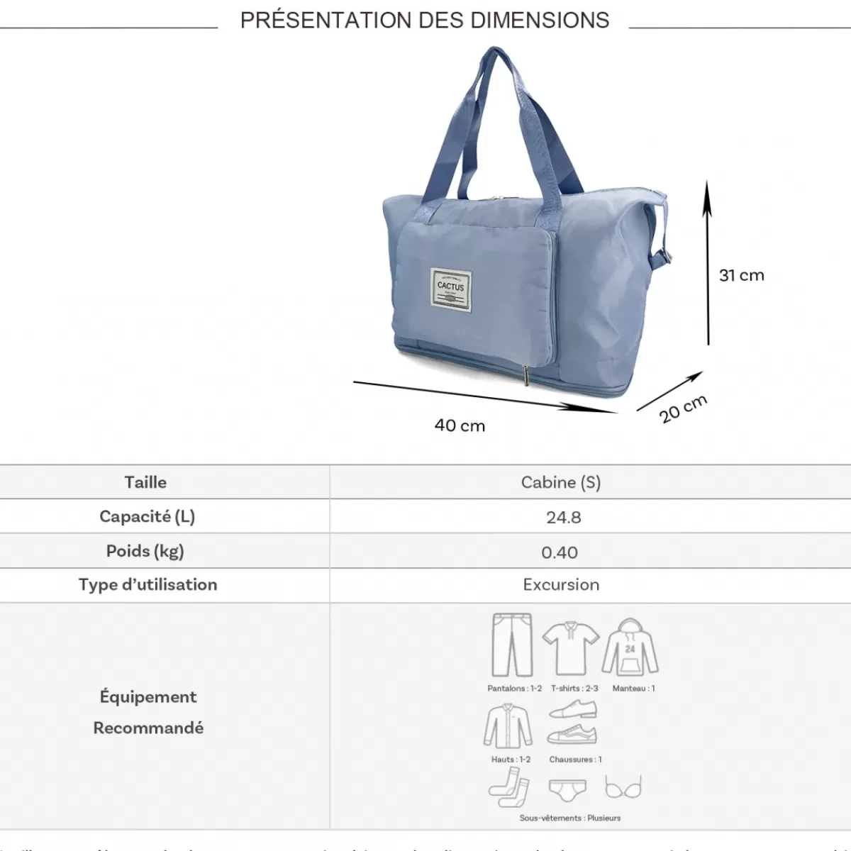 Sac de voyage week-end 24L pliable et extensible déperlant sans roulettes^Cactus Clearance