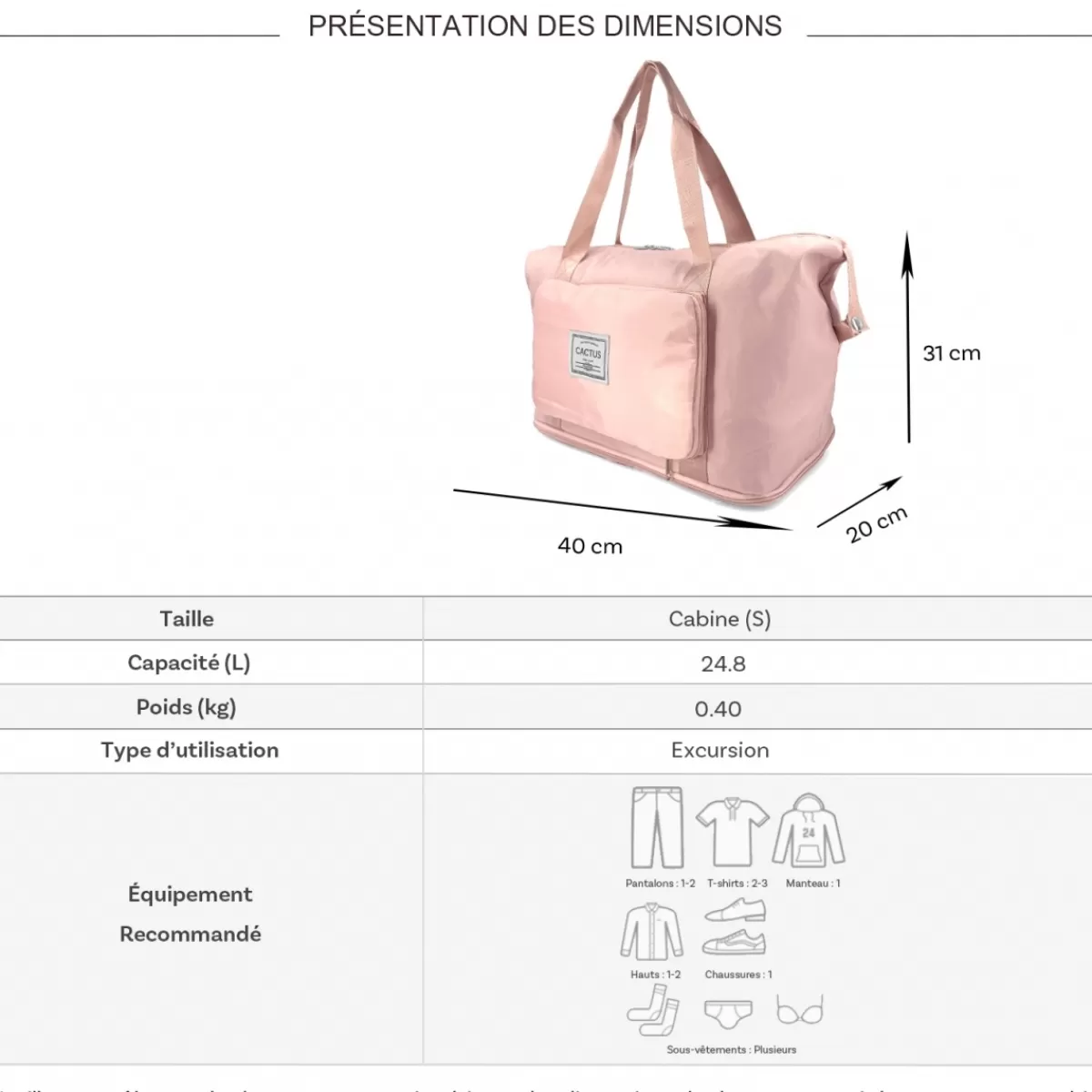 Sac de voyage week-end 24L pliable et extensible déperlant sans roulettes^Cactus Clearance