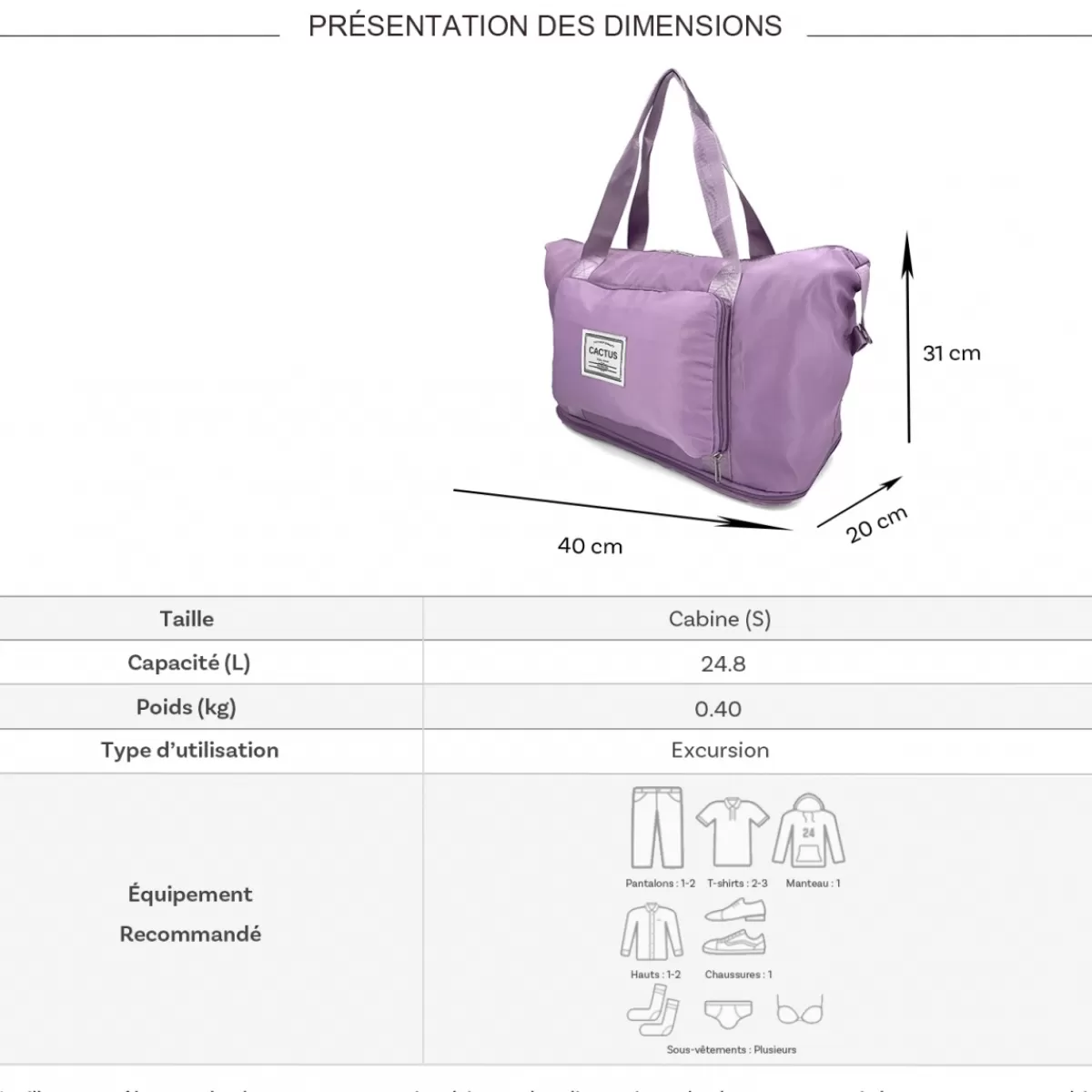 Sac de voyage week-end 24L pliable et extensible déperlant sans roulettes^Cactus Clearance