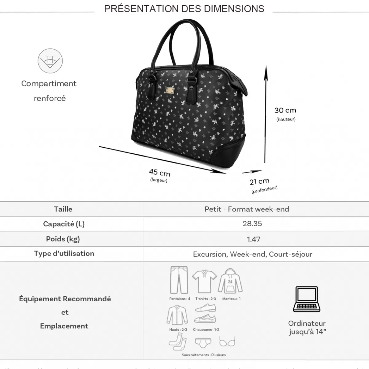 Sac de voyage week-end 28L porte-ordinateur 14" 45cm sans roulettes^David Jones Best