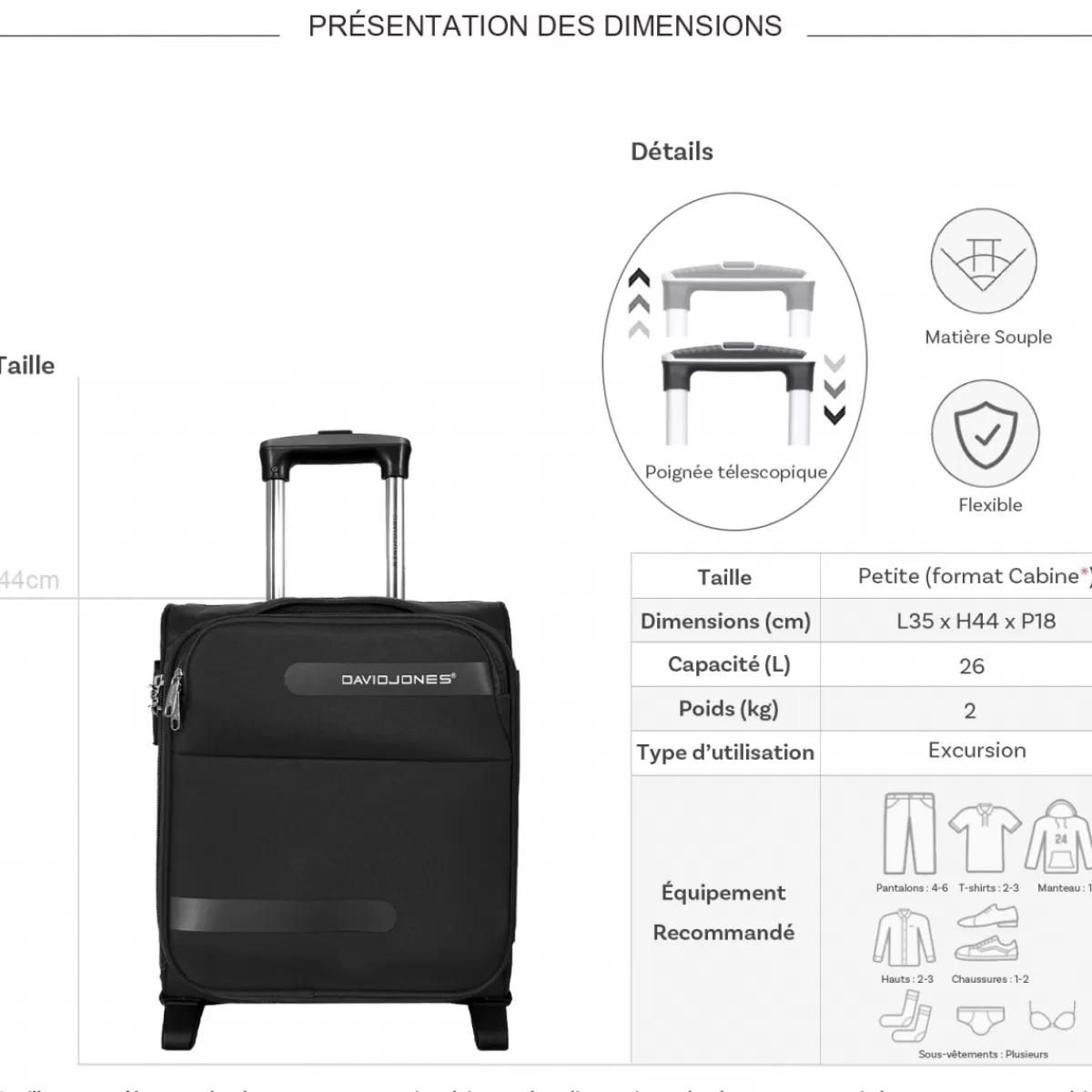 Valise cabine XS underseat souple 44cm^David Jones Discount